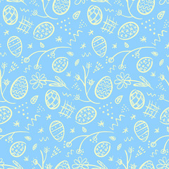 Cute doodle blue Happy Easter seamless pattern with white outline eggs, flowers, lines and dots. Tender ornate spring hand drawn texture for Easter package, wrapping paper, textile, greeting cards
