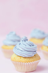 Cupcake decorated with violet buttercream on pastel pink background. Sweet beautiful cake. Vertical banner, greeting card for birthday, wedding, women's day. Close up photography. Selective focus
