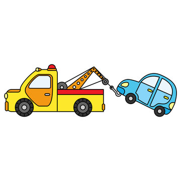 Colorful towing truck for transportation emergency cars. Illustration isolated on white background