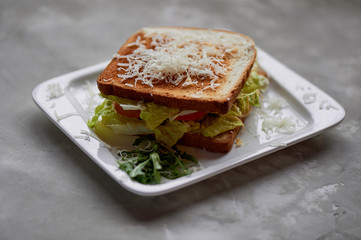 A delicious sandwich with salad and chicken. Sprinkled with cheese. A quick delicious Breakfast