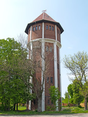 Brick water tower of the German construction. Settlement Amber, Kaliningrad region
