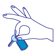 hand holding keychain and key vector illustration blue image