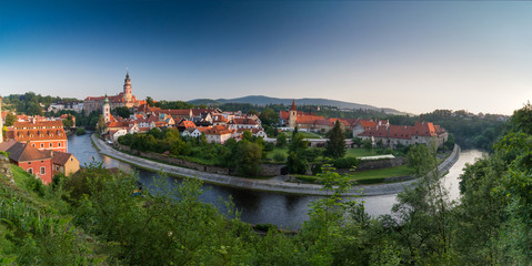 Cesky Krumlov castle and Vltava river panoramic view in the morning. The Rosemberg dinasty residence 