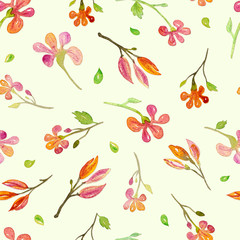 Seamless pattern with watercolor pink flowers and buds on light green background 