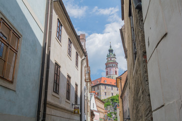 Narrow street view towards the tower of Cesky Krumlov castle