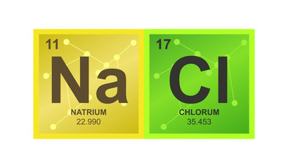 Vector symbol of sodium chloride which consists of sodium and chlorine on the background from connected molecules