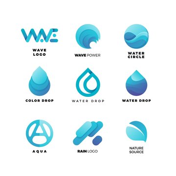 Abstract gradient water logo set. Aqua  wave geometric logo vector illustration. Nature elements, alternative energy and renewable energy logo