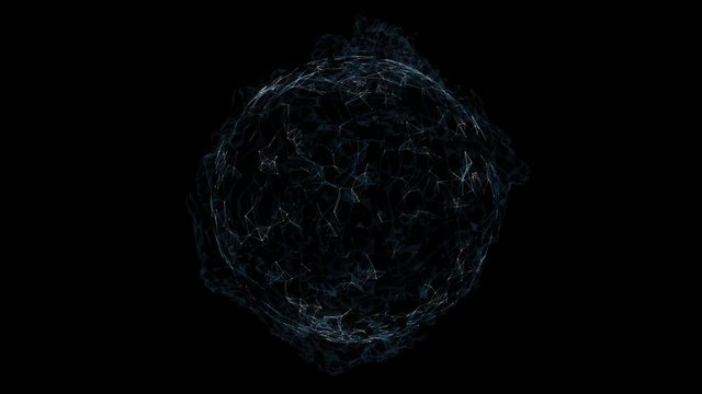 Futuristic abstract rotating sphere with lines and dots motion on black background.