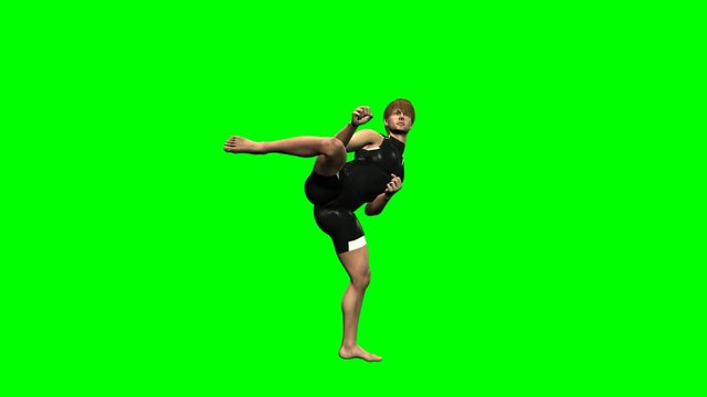 Rendering al rallentatore su sfondo chroma key di un giovane uomo bianco che si allena alle arti marziali