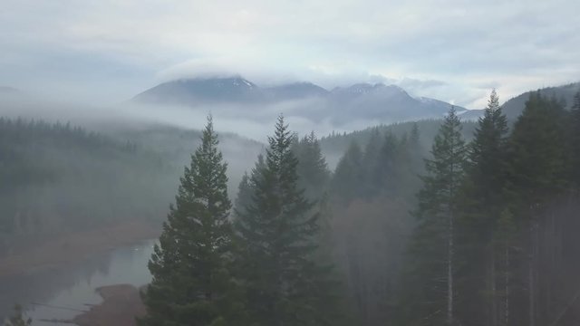 Aerial 4k drone footage of a beautiful swampy lake in the Canadian Mountain Landscape during a fog covered morning. Taken in Vancouver Island, British Columbia, Canada.