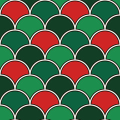 Christmas color fish scale wallpaper. Asian traditional ornament with scallops. Seamless pattern with semicircles