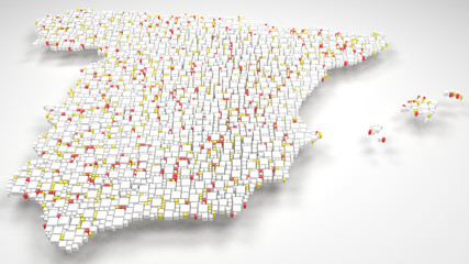 3d Map of Spain - Europe | 3d Rendering, mosaic of little bricks - White and flag colors