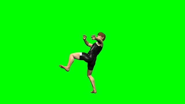 Rendering al rallentatore su sfondo chroma key di un giovane uomo bianco che si allena alle arti marziali