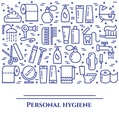 Personal hygiene blue line banner. Set of elements of shower, soap, bathroom, toilet, toothbrush and other cleaning pictograms. Line out. Simple silhouette. Editable stroke. Vector illustration