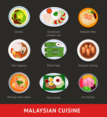 Big set of malaysian food. Asian traditional cuisine. Various national dishes. View from above. Vector flat illustration.