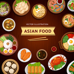 Asian food. Traditional national dishes on a wooden background. Vector illustration. Banner, menu. Flat design. Asian cuisine.