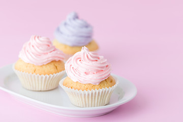 Cupcake decorated with pink and violet buttercream on pastel pink background. Sweet beautiful cake. Horizontal banner, greeting card for birthday, wedding. Close up photography. Selective focus