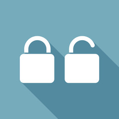 Lock and unlock Icon. White flat icon with long shadow on background