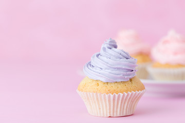 Cupcake decorated with pink and violet buttercream on pastel pink background. Sweet beautiful cake. Horizontal banner, greeting card for birthday, wedding. Close up photography. Selective focus