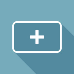 First aid box. simple icon. White flat icon with long shadow on background