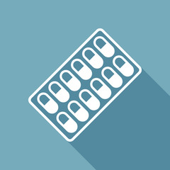 Pack Pills Icon. White flat icon with long shadow on background