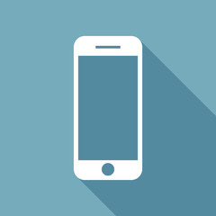 mobile phone icon. White flat icon with long shadow on background