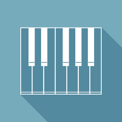 Simple piano icon. White flat icon with long shadow on background