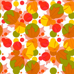 Seamless vector background of maple leaves and bright colored circles and spots