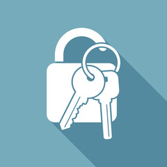 unlock and keys icon. White flat icon with long shadow on background