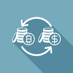 change bitcoin icon. White flat icon with long shadow on background