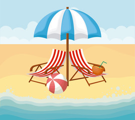 Beach with parasol and seats over beach background, colorful design vector illustration