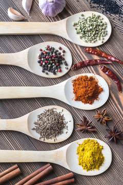 Assortment of spices on the wooden spoons