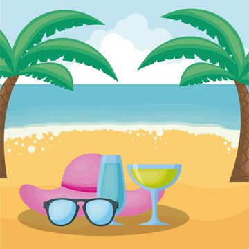 Beach with cocktail drink and glasses, colorful design. vector illustration