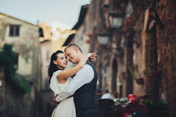 Fototapeta premium Lovely hugging wedding couple stands before the gates to an old 