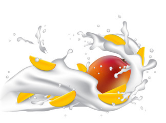 Milk splash 3d illustration with slices of mango, peach, apricot, nectarine, apple.  Cream pouring wave yogurt packaging template.  Vector EPS10.