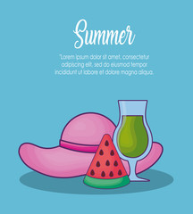 Infographic of summer concept with hat and cocktail drink over blue background, colorful design vector illustration