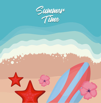 Summer time design with surfboard and sea star over beach background, colorful design vector illustration