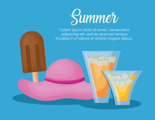 Infographic of summer concept with chocolate ice cream bar and cocktail drinks over blue background, colorful design vector illustration