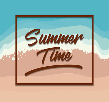 Summer time design with decorative frame over beach background, colorful design vector illustration