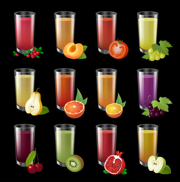 Set realistic transparent glasses of juice on a dark background. Big set of colorful realistic illustration. Drinks with fruit halves.