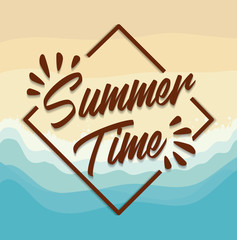 Summer time design with decorative frame over beach background, colorful design vector illustration