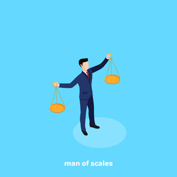 a man in a business suit holding a bowl from the scales, an isometric image