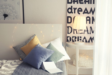 Bedroom interior with elegant table lamp
