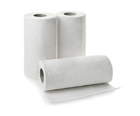 Rolls of paper towels on white background