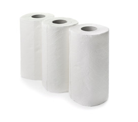 Rolls of paper towels on white background