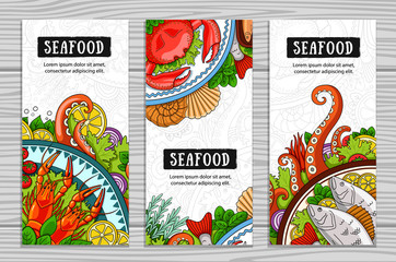 Set of seafood vertical banners. Design concept for shop, restaurant, template for labels, banner, signboard.