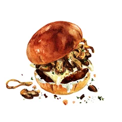  Swiss mushroom burger. Watercolor Illustration. © nataliahubbert