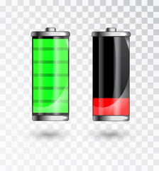 Charged and low battery. Full charge battery. Battery charging status indicator. Glass realistic power green battery illustration on black background. Charge status. Vector