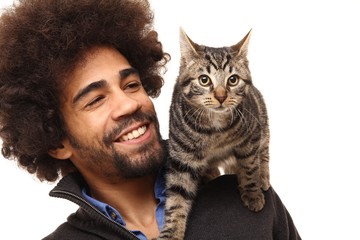 Afro man with a cat