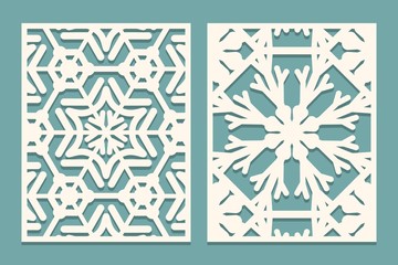 Die and laser cut ornamental panels with snowflakes pattern. Laser cutting decorative lace borders patterns. Set of Wedding Invitation or greeting card templates.